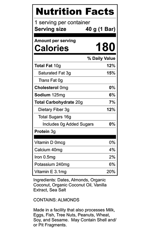 Coconut Vanilla Date & Almond Bar 1.4 oz  additional information
