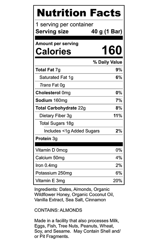 Honey Cinnamon Date & Almond Bar 1.4 oz  additional information