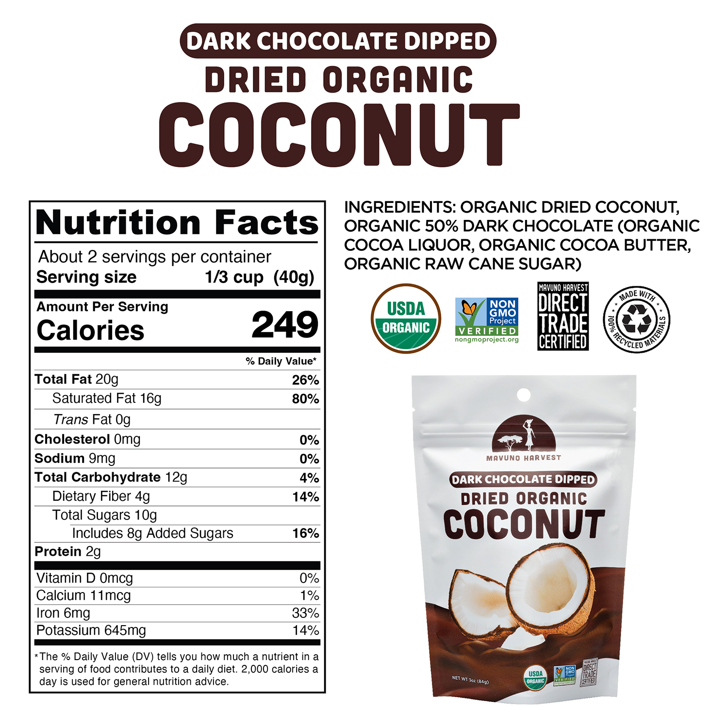 Organic Chocolate Dipped Dried Coconut 3 oz / 6 Bag Bundle additional information