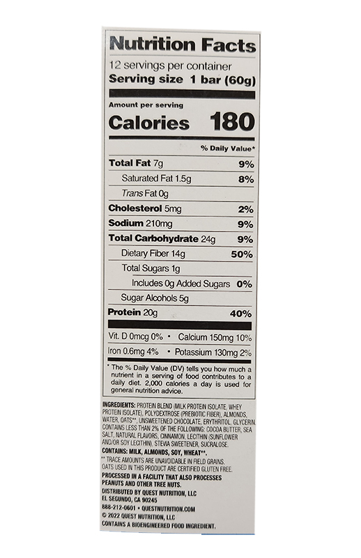 Quest Nutrition Oatmeal Chocolate Chip Protein Bar 2.12 oz additional information