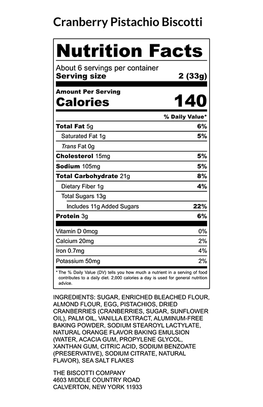 Cranberry Pistachio Biscotti 7.15 oz additional information