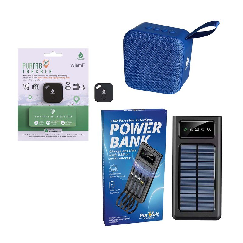 Pursonic Wireless Speaker, Solarsync Power Bank & Purtag Tracker Bundle – Ultimate Sound, Power & Security Anywhere! image