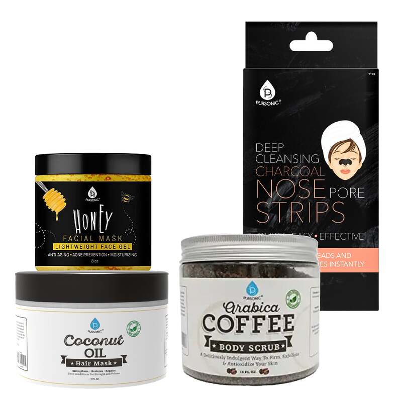 Pursonic Pamper & Glow Gift Bundle (6 pack Deep Cleansing Charcoal Nose Pore Strip, 100% Natural Arabica Coffee Body Scrub 14 Oz, 100% Natural Coconut Oil Hair Mask 10 Oz and Honey Facial Mask 8 Oz) image