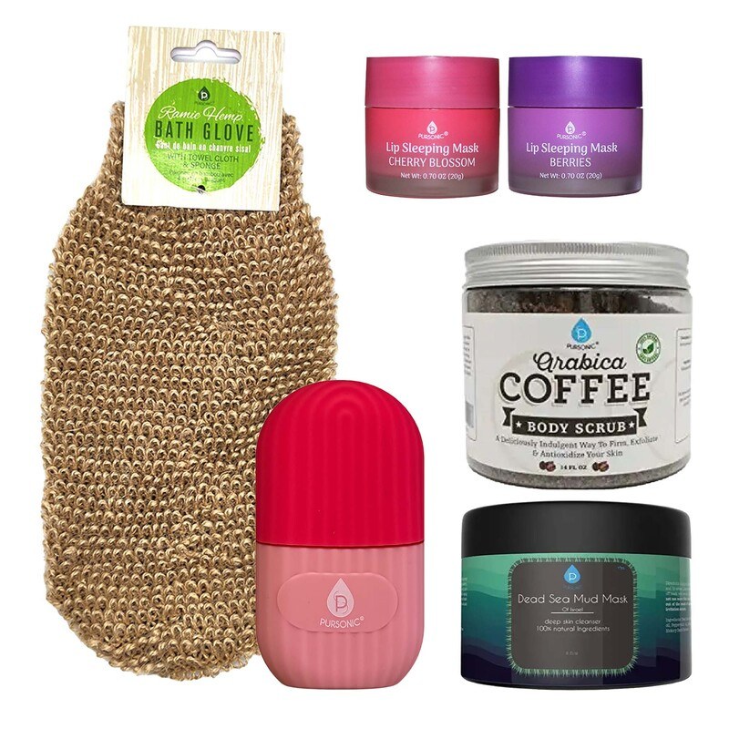 Self Care Night Bundle: Lip Masks, Dead Sea Mud Mask, Ice Roller, Bath Glove & Coffee Scrub image