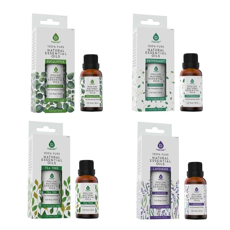 Pursonic 4-Pack Pure & Natural Essential Oils Collection – Eucalyptus, Lavender, Tea Tree, and Peppermint image