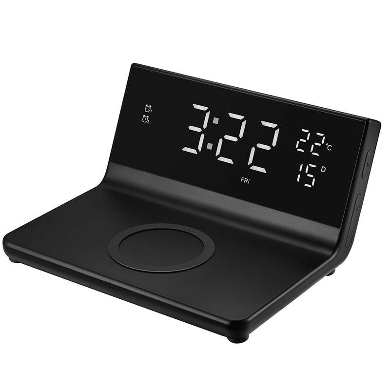 Wireless Charging Alarm Clock for All Wireless Charging Smartphones - Temperature, Date, 4 Brightness Settings, 2 Alarms, 15W Output,12/24 Hour Mode - Black image