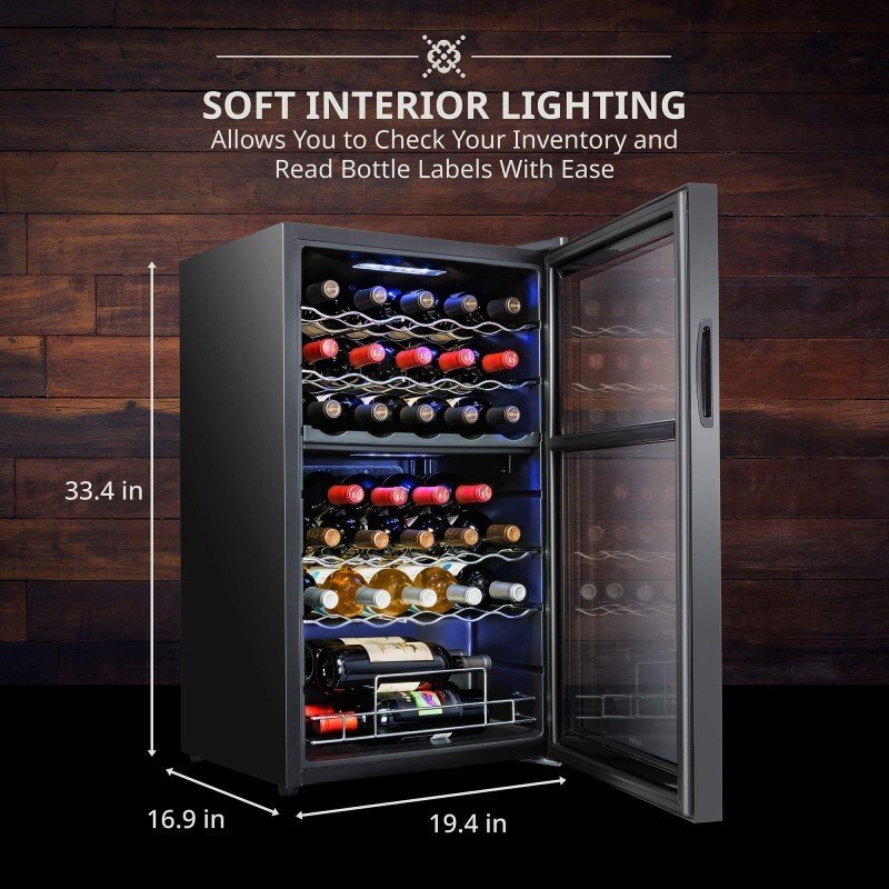 33 Bottle Freestanding Wine Refrigerator, Dual Zone Wine Fridge with Lock, Black image