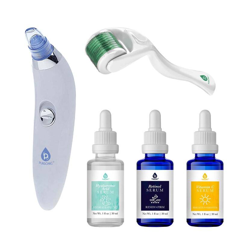 Pursonic Ultimate Rejuvenation Bundle: Micro Needle Derma Roller, Pore Vacuum Blackhead Remover & 3-Pack Anti-Aging Serum Set image