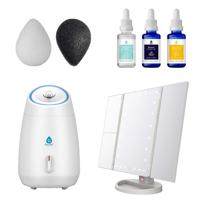 Ultimate Radiance Skincare & Beauty Bundle: Tri-Fold Vanity Mirror, Pursonic Facial Steamer, Anti-Aging Serum Set & Konjac Sponge Duo image