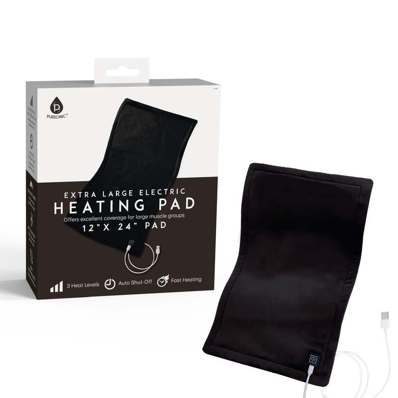 Pursonic Large Electric Heating Pad with USB-C – 12"x24", Ultra Soft Fabric, 3 Heat Settings, Auto Shut-Off - Black image