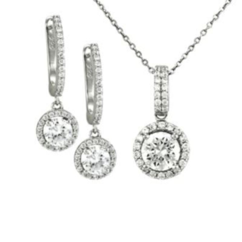 Sterling Silver Round Halo Drop Earrings and Necklace Set image