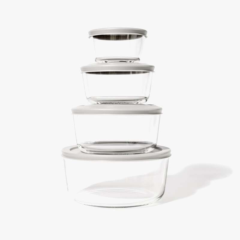 Glass Food Storage Containers - 8 Piece (4 Containers + 4 Lids) Round Nesting Space-Saving Set, Grey image