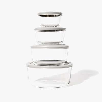 Glass Food Storage Containers - 8 Piece (4 Containers + 4 Lids) Round Nesting Space-Saving Set, Grey
