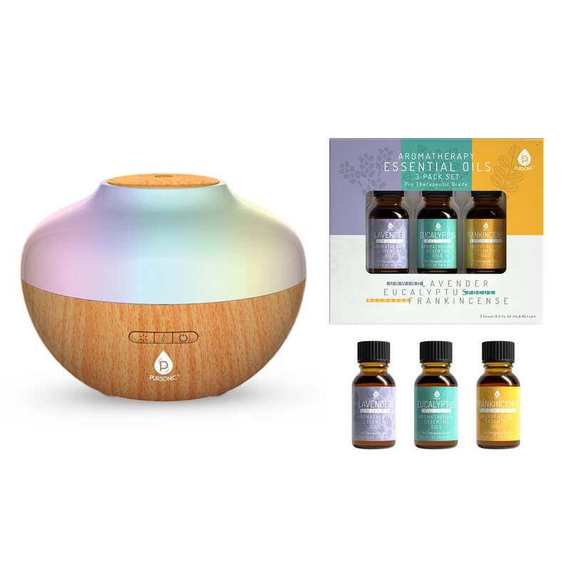 Pursonic Aromatherapy Diffuser & Essential Oil Set-Ultrasonic Top 3 Oils-300ml with 2 Mist Settings 7 Ambient Light Settings image