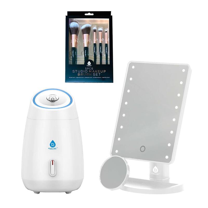 Pursonic Glow & Go Beauty Bundle with LED Vanity Mirror, Facial Steamer & 5-Piece Brush Set image