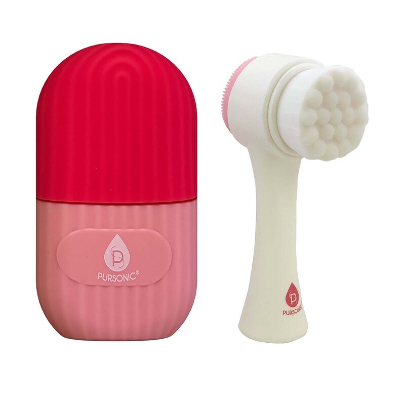 Perfect Skincare Duo: Ice Cube Facial Roller Massager for Face, Eyes, and Neck & Dual Sided Facial Cleansing Brush image