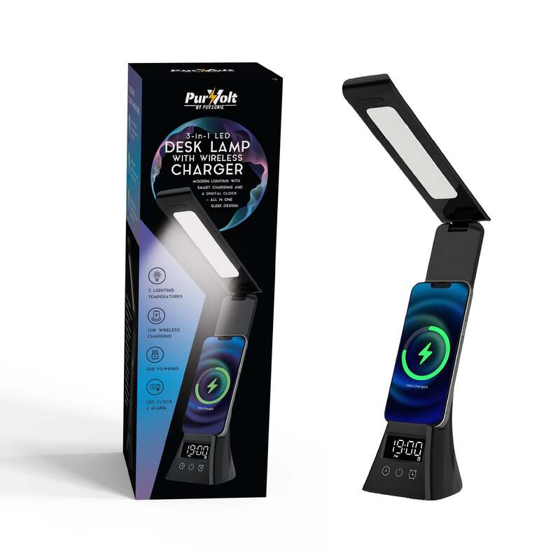 Pursonic 3-in-1 LED Desk Lamp with Wireless Charger and Alarm Clock image