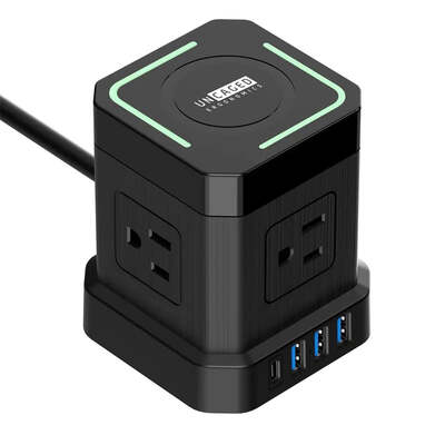 Cube Surge Protector Power Strip with USB Ports + Wireless Charging - Black (10ft cable) image