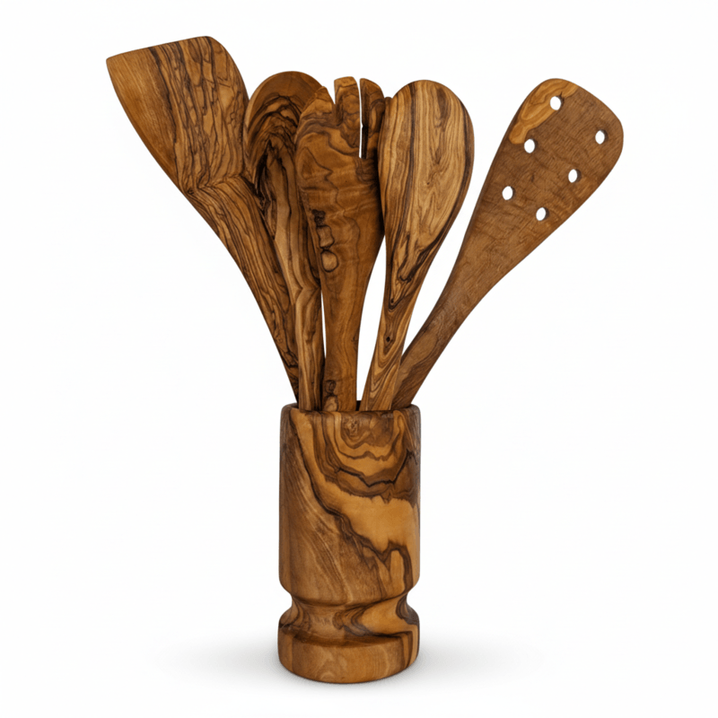 Olive Wood Kitchen Servers Set w/Holder - 6 Pcs image