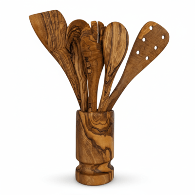 Olive Wood Kitchen Servers Set w/Holder - 6 Pcs image