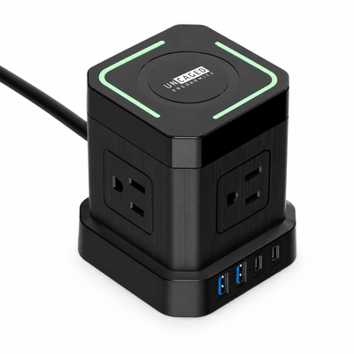 Cube Surge Protector Power Strip with USB Ports + Wireless Charging - Black (10ft cable)