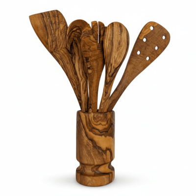 Olive Wood Kitchen Servers Set w/Holder - 6 Pcs
